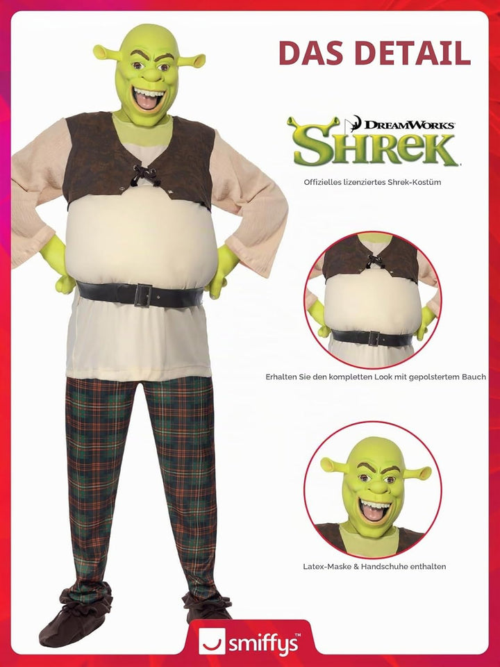 Smiffys Shrek Costume, Green with Top, Trousers, Hands &amp; Mask, Officially Licensed Shrek Fancy Dress