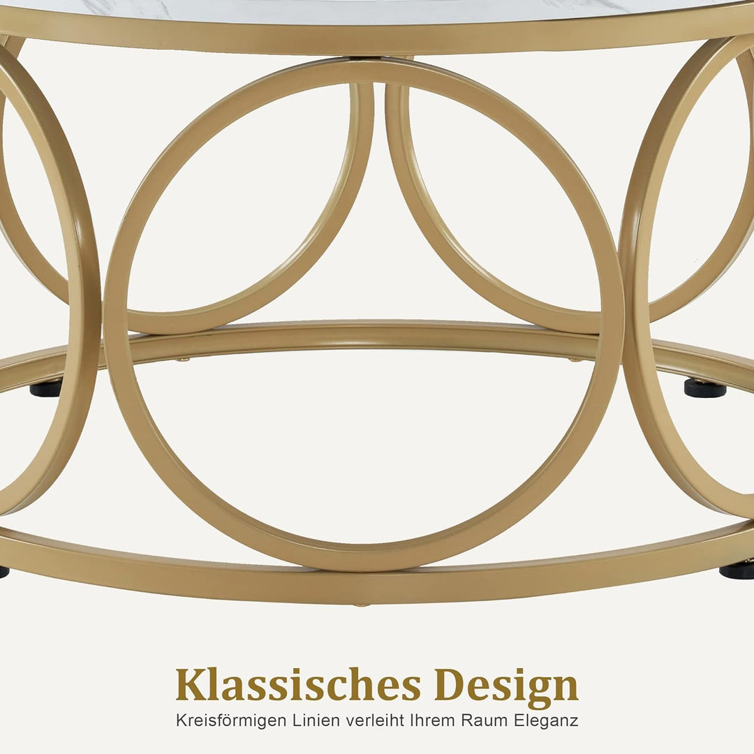 M MCombo Couchtisch Rund Holz, Modern Sofatisch Marmor Weiss Gold, Klein Kaffeetisch Metallgestell,