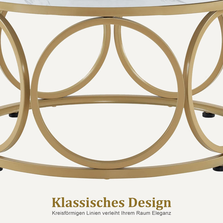 M MCombo Couchtisch Rund Holz, Modern Sofatisch Marmor Weiss Gold, Klein Kaffeetisch Metallgestell,