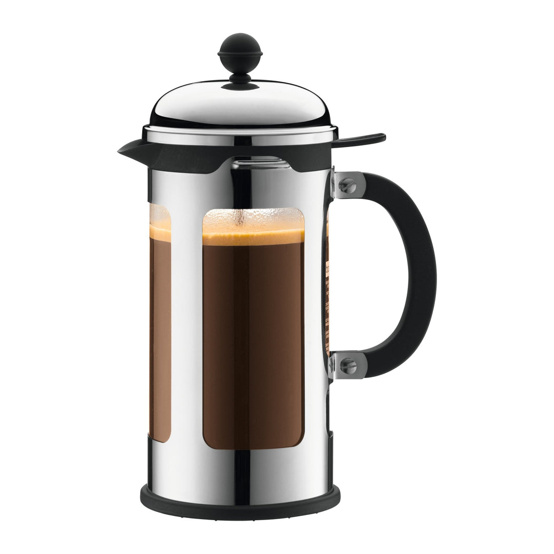 Bodum CHAMBORD Kaffeebereiter (French Press System, Auslaufschutz, Edelstahlrahmen, 1,0 liters) glän