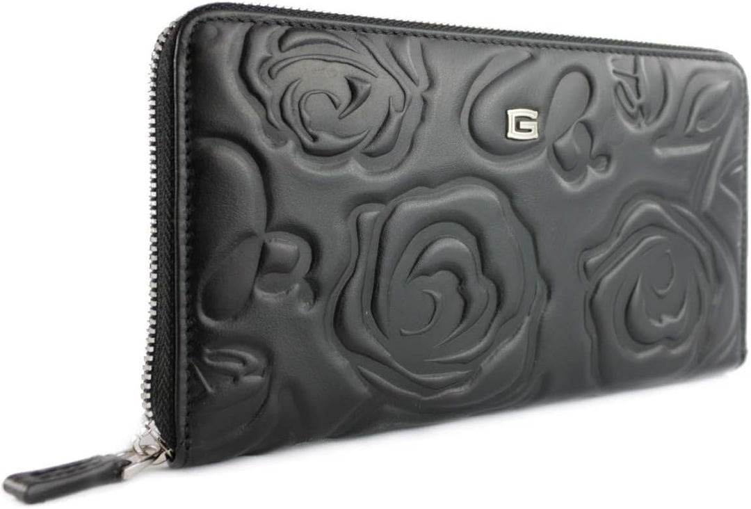 Giudi ® Geldbörse Damen Blumenprägung Schwarz Gross Echtleder Mit Vielen Fächern Schwarz, Schwarz