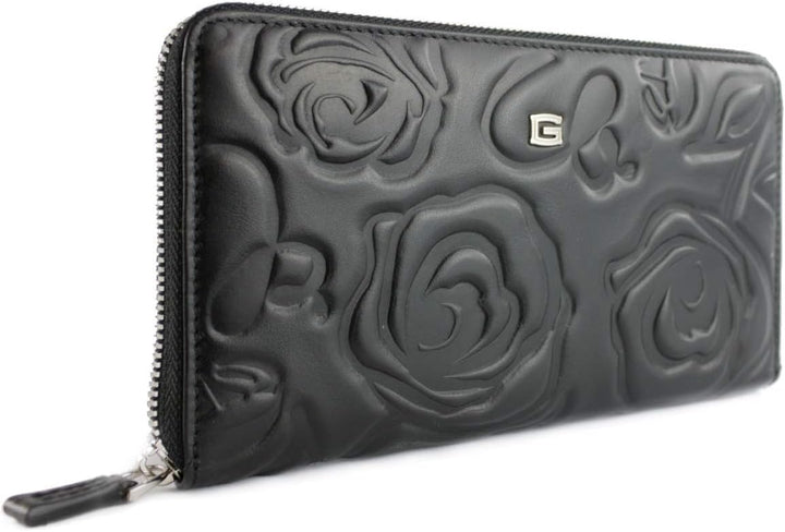Giudi ® Geldbörse Damen Blumenprägung Schwarz Gross Echtleder Mit Vielen Fächern Schwarz, Schwarz