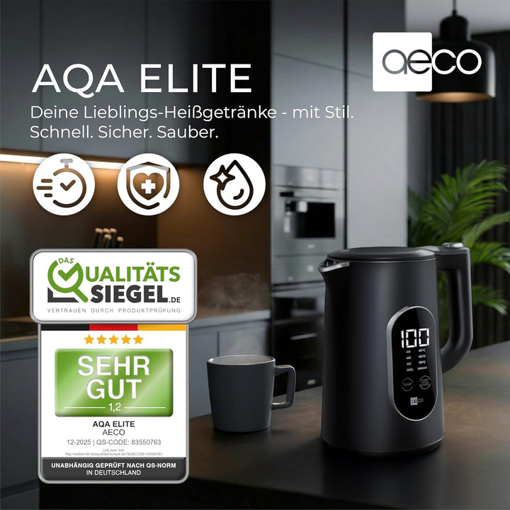 aeco AQA ELITE elektrischer Wasserkocher Edelstahl schwarz-matt mit Temperatureinstellung Tee-Kocher