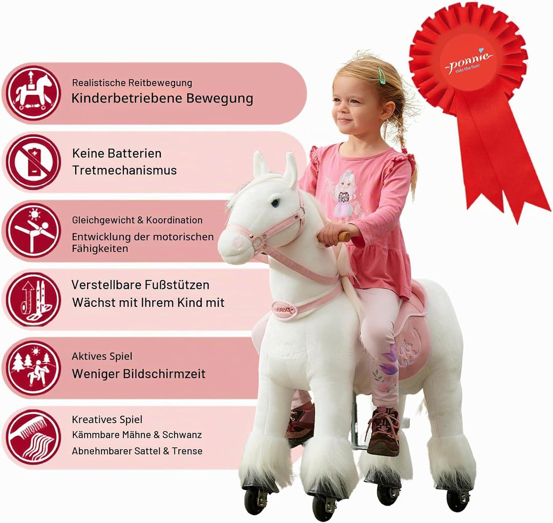 PONNIE Reitpferd mit Rollen Tiara S für Kinder 3-6 Jahre, 30 kg – Plüsch Spielpferd zum Reiten ohne