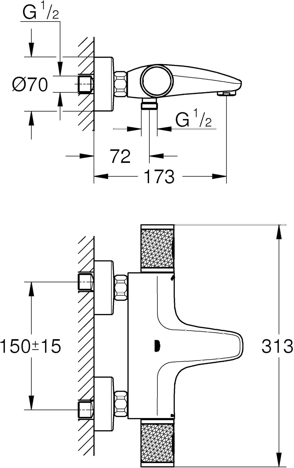 GROHE Precision Feel - Thermostat-Wannenbatterie (‎wassersparend, Temperaturbegrenzung, Wandmontage,