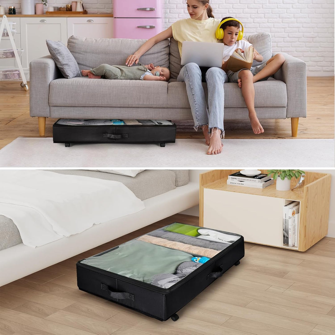 2 Stück Unterbett Aufbewahrung, Unterbettkommode mit Rollen 360° Drehung and Metallrahmen, Faltbare