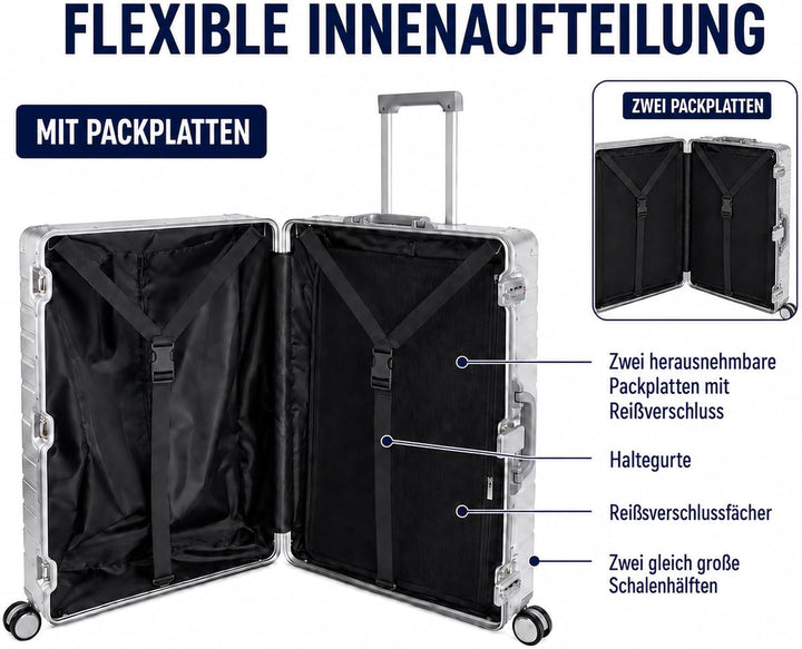 Travelhouse Oslo Alu Reisekoffer Silber S-55cm & M-65cm Hartschalenkoffer Reise Trolley Koffer Set S