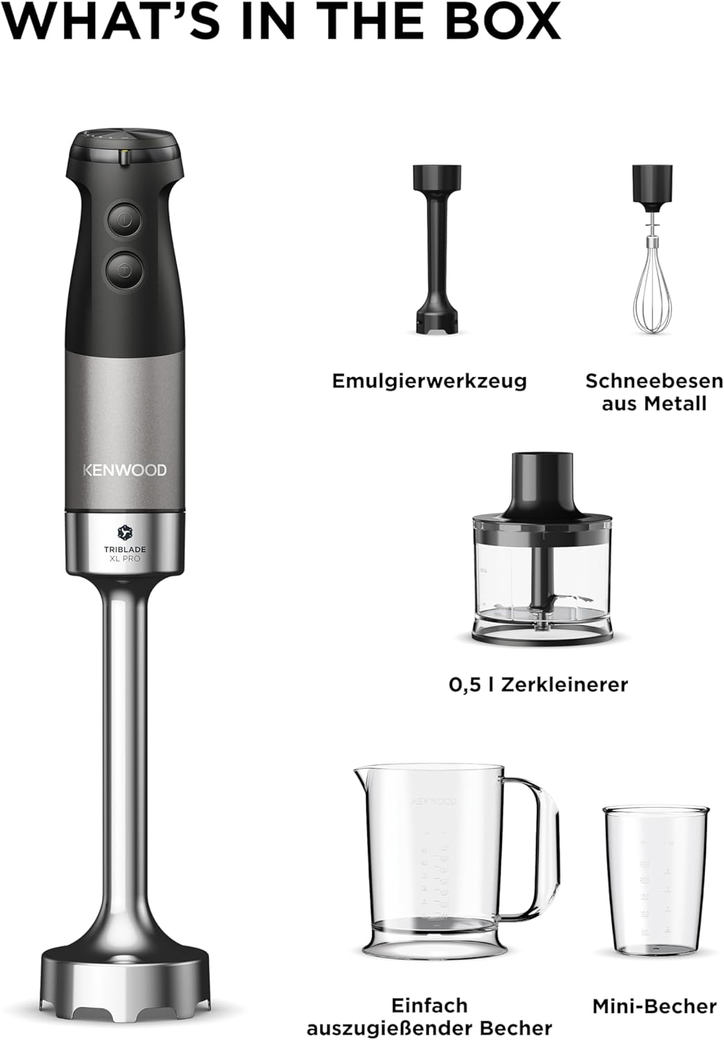 Kenwood Triblade XL Pro Stabmixer HBM80.322BK, 1200W, variable Geschwindigkeiten, Edelstahl(Pürierfu
