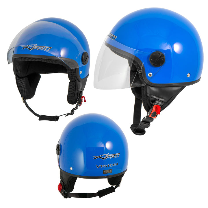 Motorradhelm Motorrad Roller Jet Helm Demi Mit Viser SonicMoto 53-54 cm ( XS) Blau, 53-54 cm ( XS) B