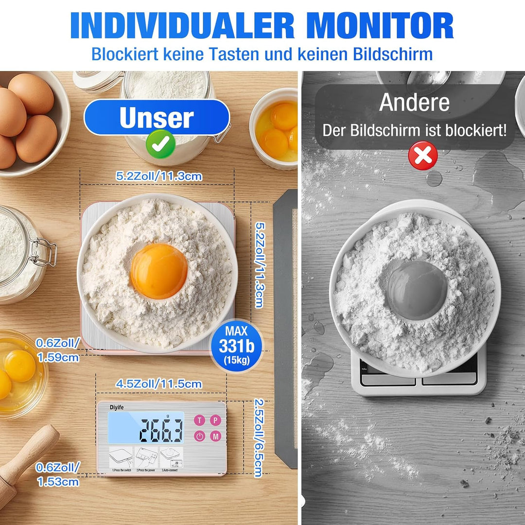 Diyife Neue 304 Edelstahl-Küchenwaage mit geteiltem Design, 15 kg Tragkraft, hintergrundbeleuchtetes