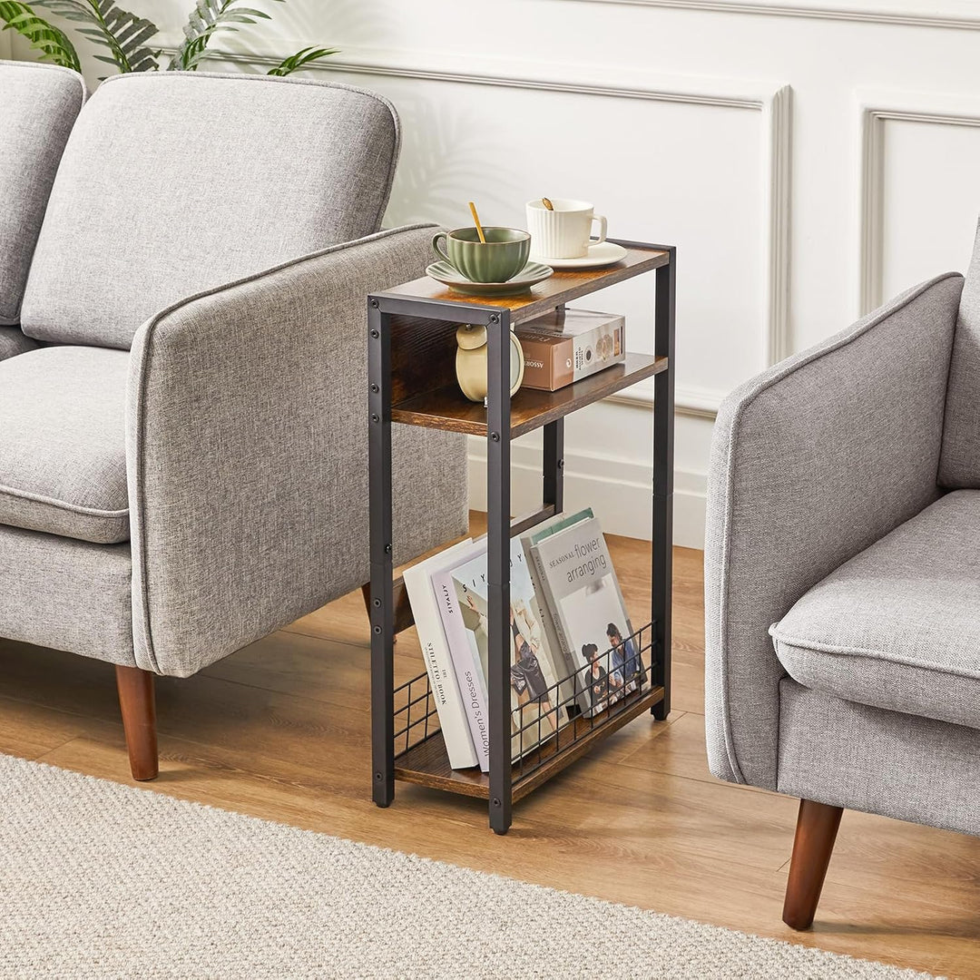 IBUYKE Kleiner Beistelltisch mit Zeitschriftenhalter,3 Etagen,Schmaler Beistelltisch mit Lagerregal,