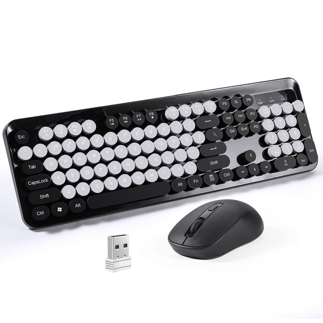 LAMA Tastatur Maus Set Kabellos, Retro runde Schreibmaschine Tastatur mit 104 Tasten &amp; Ziffernblock,