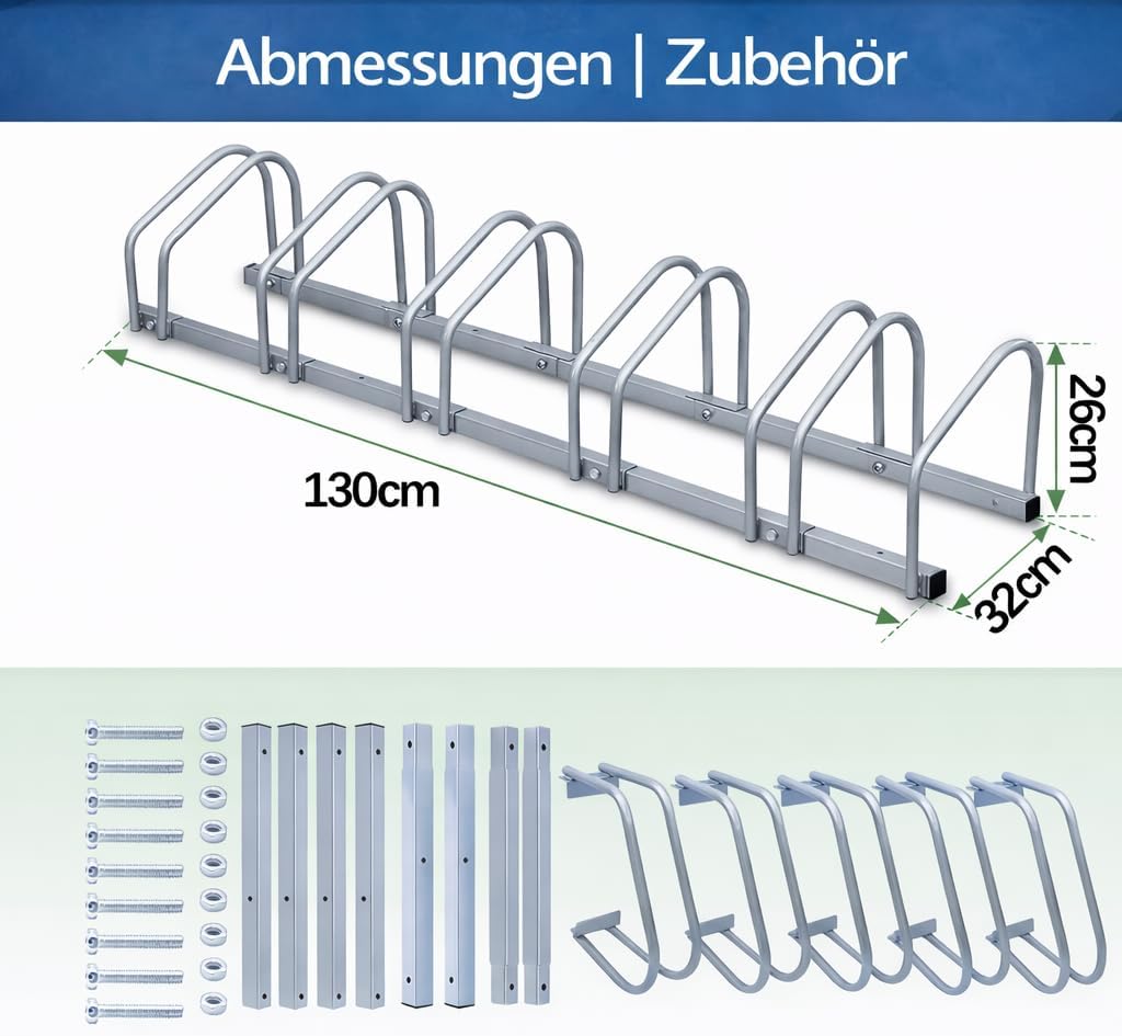 Fahrrad Halterung Boden für 5 Fahrräder – Robuster verzinkter Stahl, Boden &amp; Wandmontage, 30cm Radst