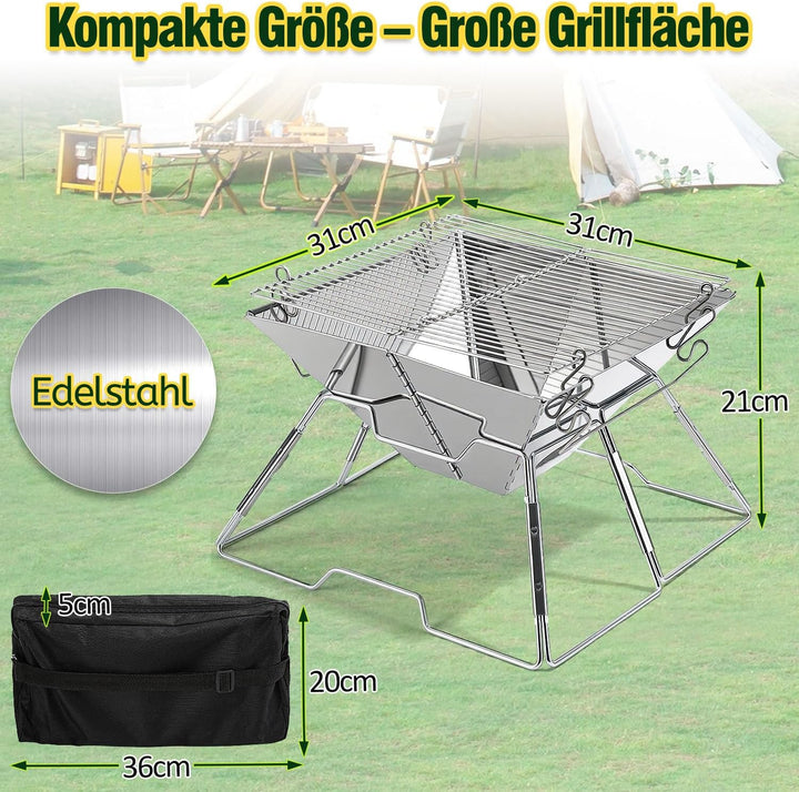 Faltbarer Grill aus 304 Edelstahl, Klappgrill mit Höhenverstellbarem Grillrost, Camping Grill kompak