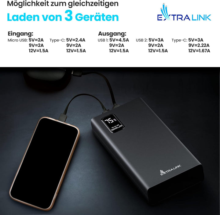Powerbank 20000mAh Powerbank Schnellladefunktion bis zu 22,5W Power Bank USB C Micro-USB Robustes Ge