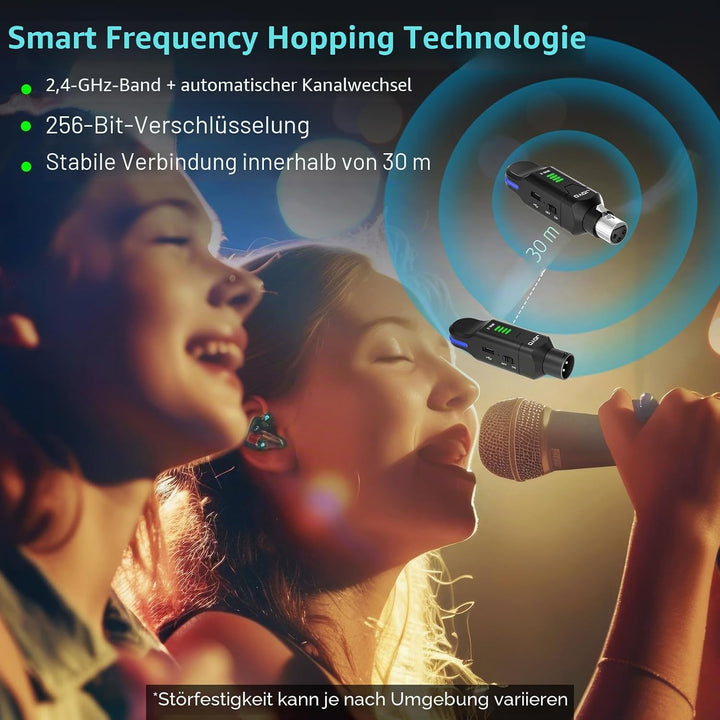 JOYO Kabelloses Mikrofonsystem, 2,4 GHz, 4 Kanäle, XLR-Sender/Empfänger für dynamisches Mikrofon/Pha