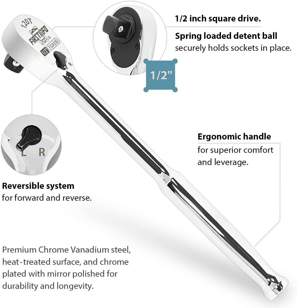 FIRSTINFO F32433D Ratsche 1/2″(12.7 mm) – versiegelter Kopf mit 120 Zähnen | kompakter umkehrbarer K