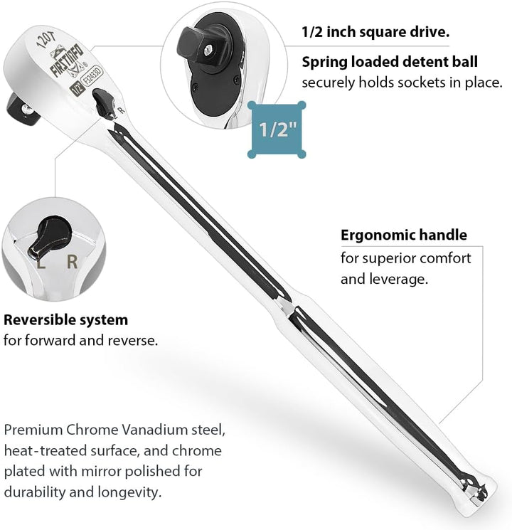 FIRSTINFO F32433D Ratsche 1/2″(12.7 mm) – versiegelter Kopf mit 120 Zähnen | kompakter umkehrbarer K