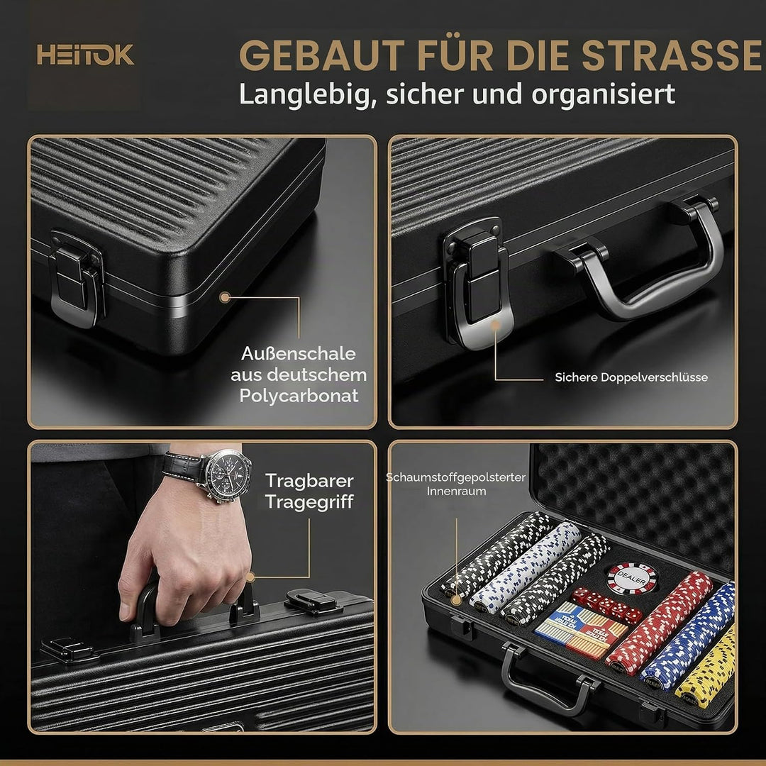 Pokerkoffer 500 Stück, Premium Poker Set im extrem stabilen Polycarbonat-Koffer (Kein Alu) – 14g Cla