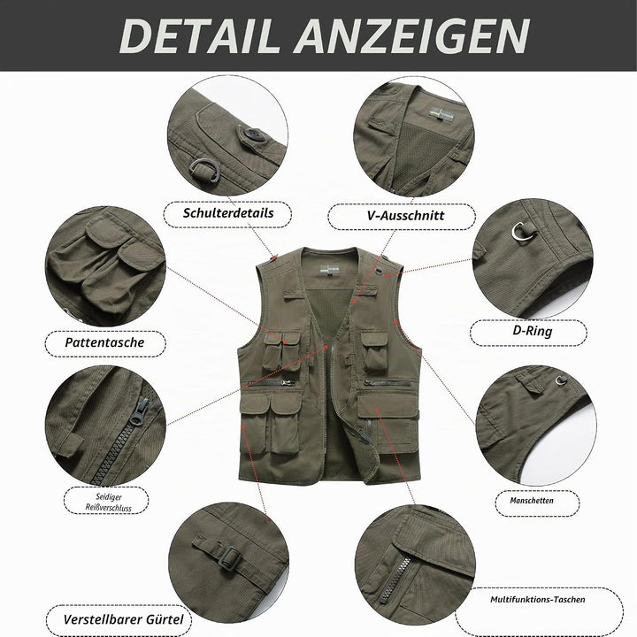 Herren Outdoor Weste Anglerweste mit Multi-Taschened Sommer Freizeit Baumwolle Weste Hundeweste Leic