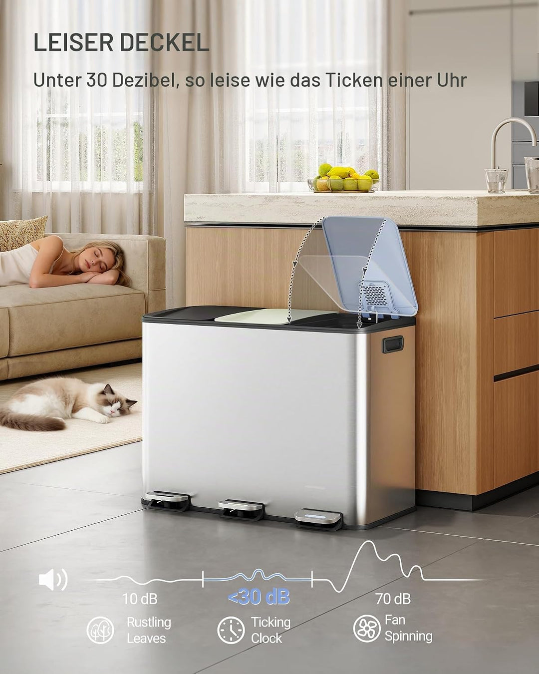 Hzuaneri Mülleimer Küche, 3 x 18 L, Mülltrennsystem 3 Fächer, Mülleimer mit Farbigem Soft-Close-Deck
