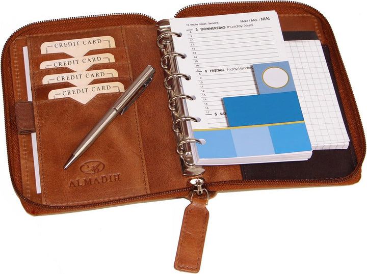 ALMADIH Leder A7 Organizer mit Reissverschluss + Kalender 2025 2026 Notizblock Premium Rindsleder Br