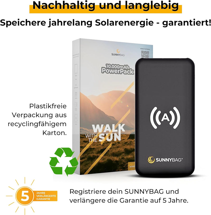 Sunnybag POWERPACK | Externer Akku mit 10.000mAh | Perfekt zum Aufladen mit erneuerbarer Solarenergi