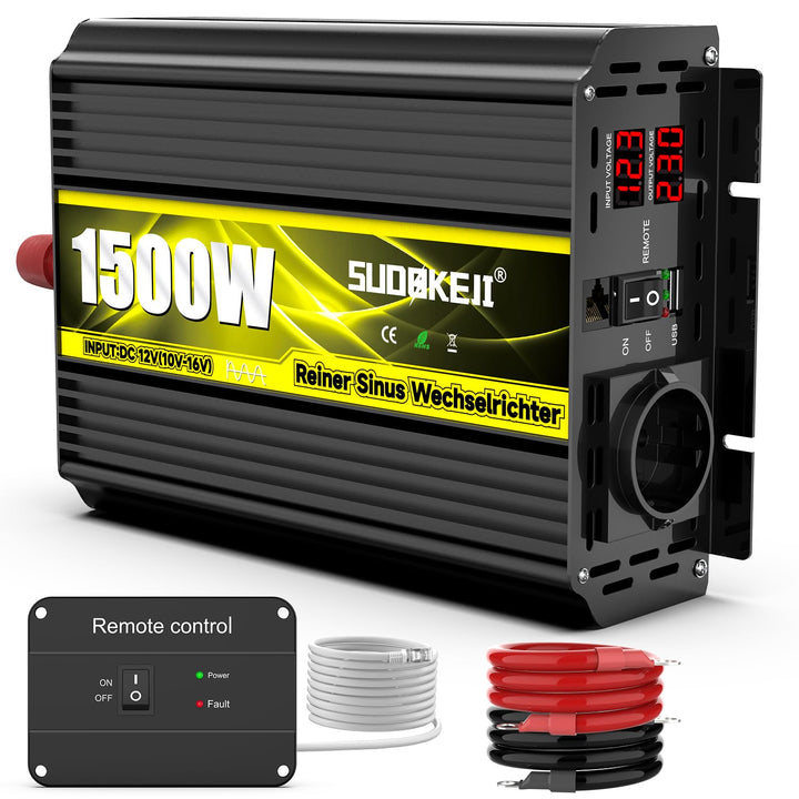 SUDOKEJI Spannungswandler 1500W/3000W Reiner Sinus Wechselrichter 12V auf 230V EU-Steckdose mit LCD