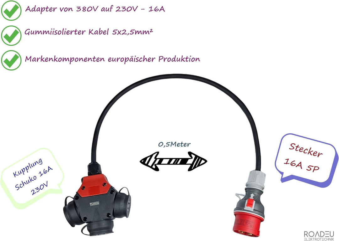 RoadEu CEE Starkstrom Adapter, CEE Stecker 16A, 380V auf 220V Adapter, 3X 220V Schuko Kupplung, 5x2,
