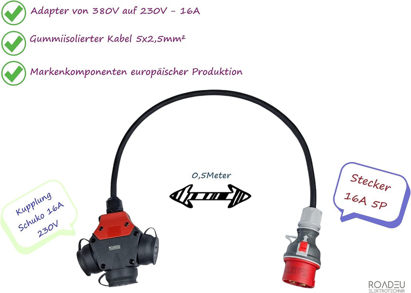 RoadEu CEE Starkstrom Adapter, CEE Stecker 16A, 380V auf 220V Adapter, 3X 220V Schuko Kupplung, 5x2,