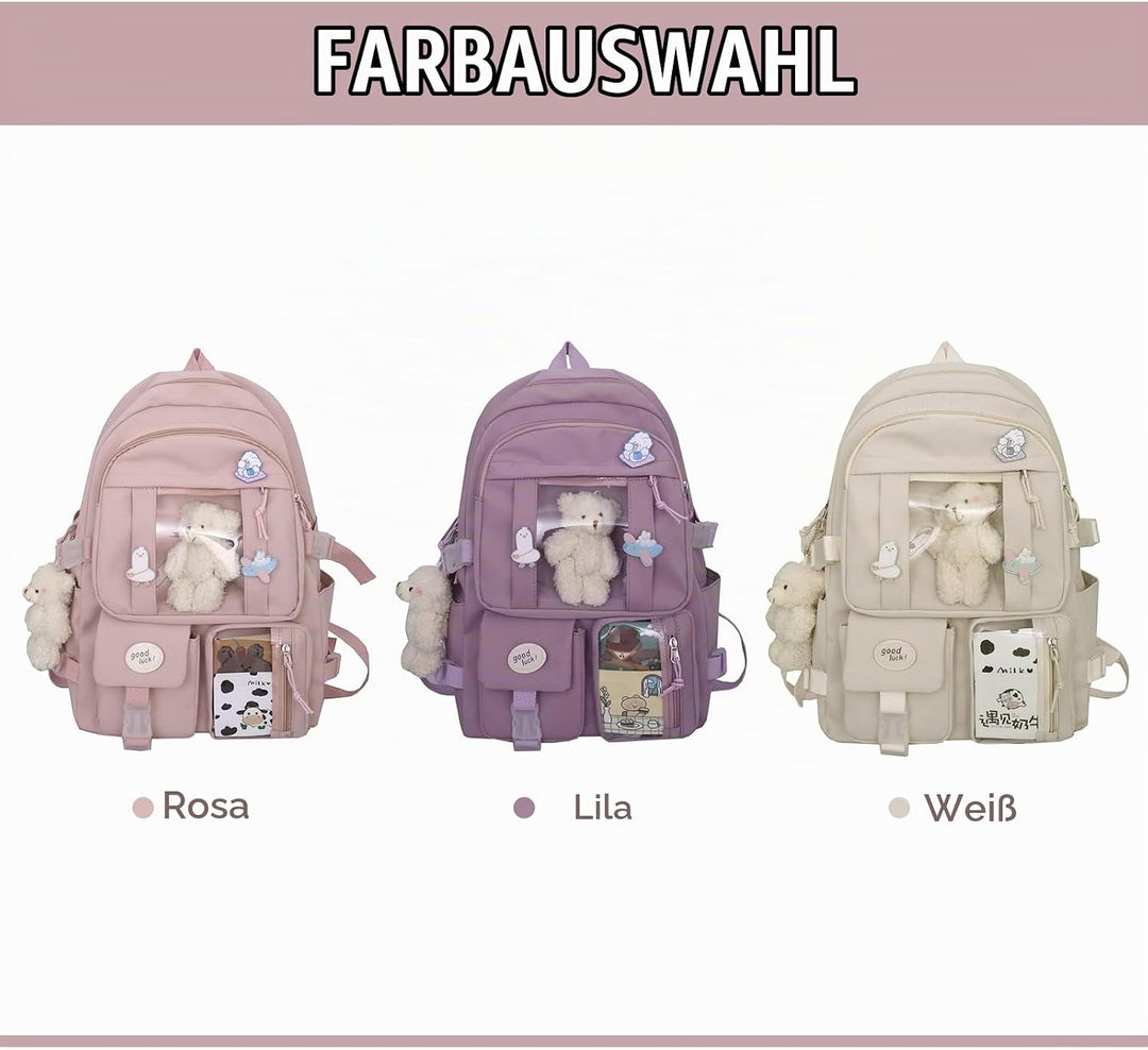 7VSTOHS Kawaii-Rucksack mit Kawaii-Anhänger und Zubehör für Teenager-Mädchen Rucksack-Schule Aesthet