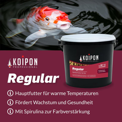 KOIPON Regular 15 kg Koifutter Sommer, schwimmend, 6% Spirulina, Teichfutter 6 mm Pellets, Koifutter