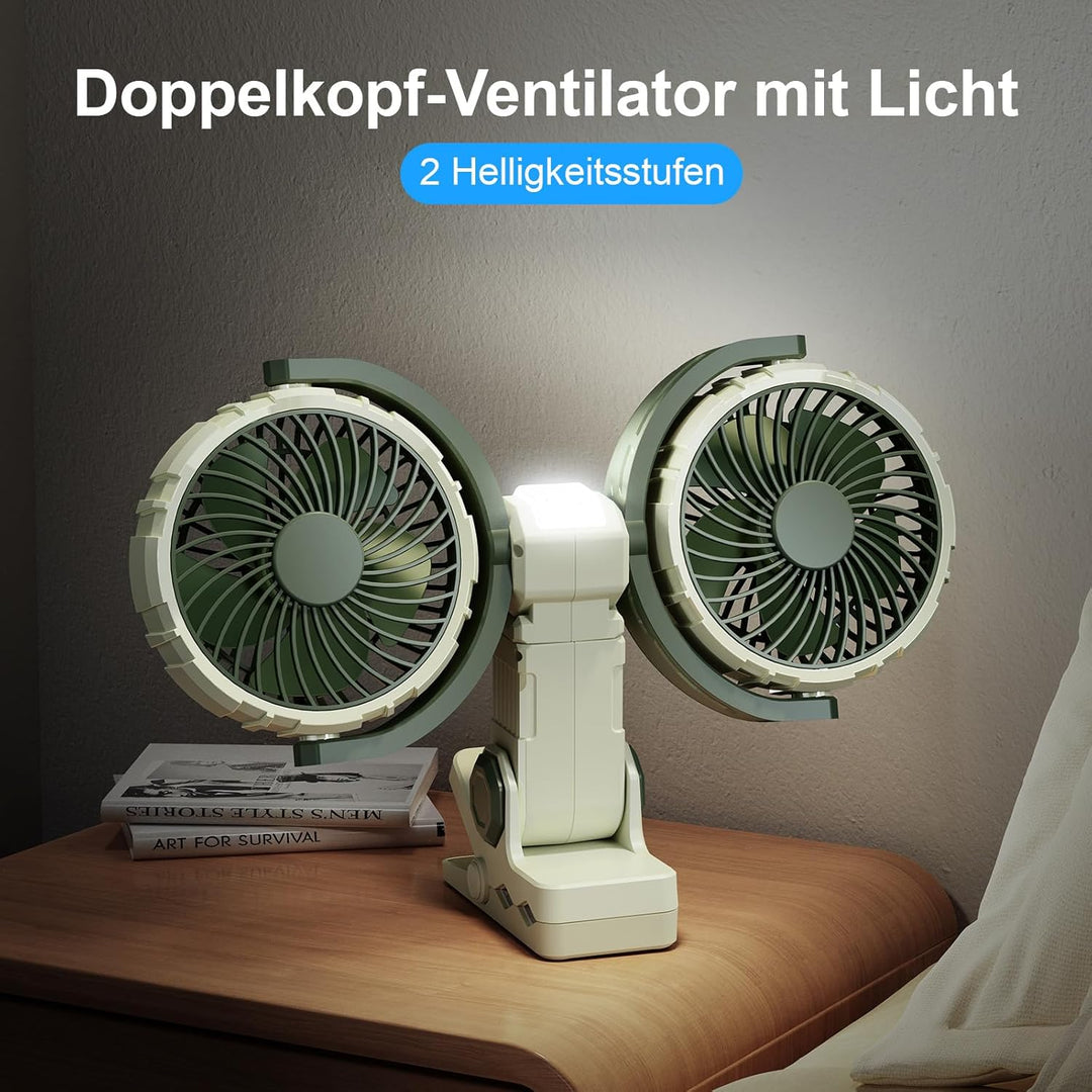 Clip Ventilator Akku mit Licht, USB C Aufladbar Leise Fan Doppelkopf Wandventilator,Stark Lufter Kle