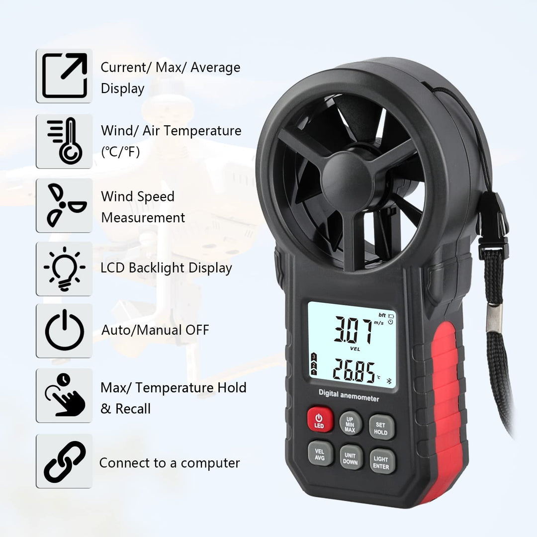 Digitaler Windmesser Anemometer, tragbarer Luftdurchflussmesser mit USB und Bluetooth, CFM-Messgerät
