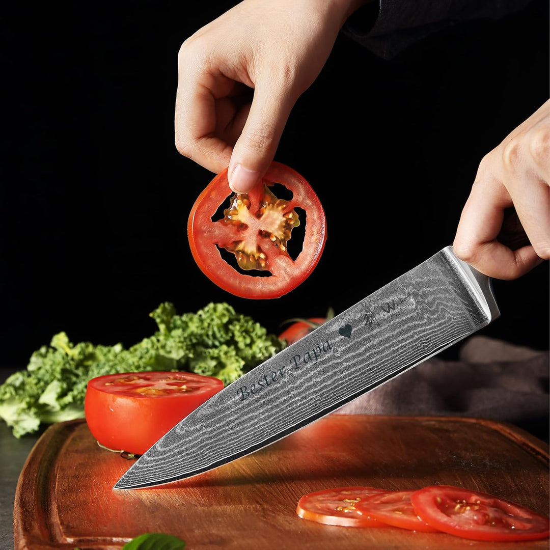 Wakoli EDIB Damast Chefmesser mit Gravur – Personalisiertes Messer, 20cm Klinge aus 67 Lagen Damasts