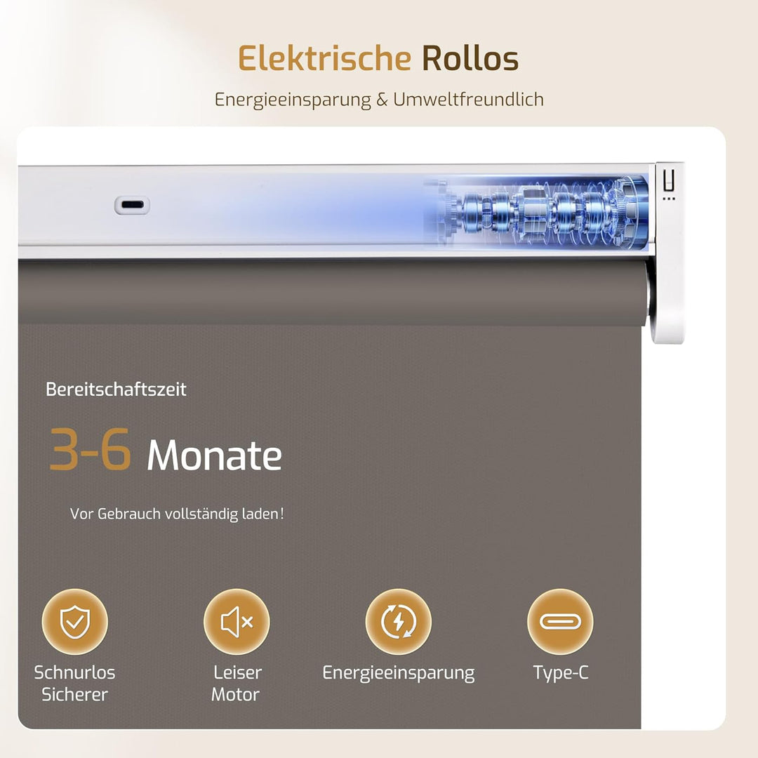 Grandekor Elektrische Rollos mit Lithiumbatterie,Elektrisches Verdunklungsrollo mit Motor & Fernbedi