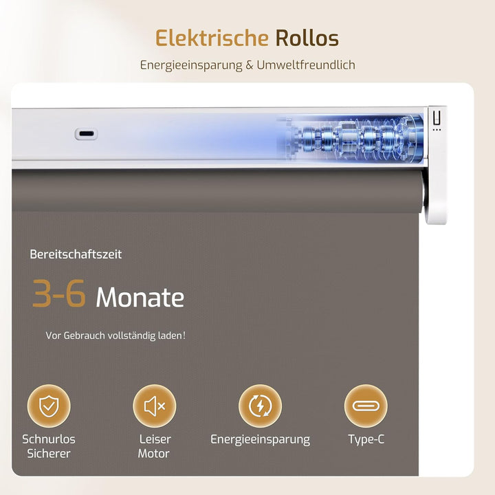 Grandekor Elektrische Rollos mit Lithiumbatterie,Elektrisches Verdunklungsrollo mit Motor & Fernbedi