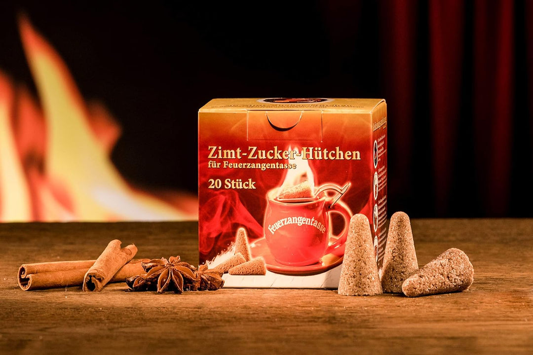 Feuerzangentasse 4er-Set, mit Rum (100ml) + ZimtZuckerHütchen (20er), Weiss/Dresden - für Feuerzange