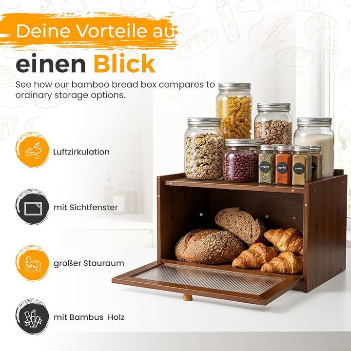 AH® Brotkasten Holz Vintage mit Sichtfenster – Brotbox mit Belüftung – Bread box– Brotbewahrung im L