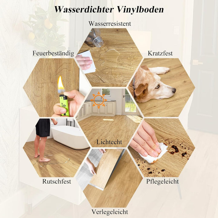 Mysflosy Vinylboden Selbstklebend, PVC Bodenbelag holzoptik wasserdicht, Eiche Blond 15,24 cm x 91,4