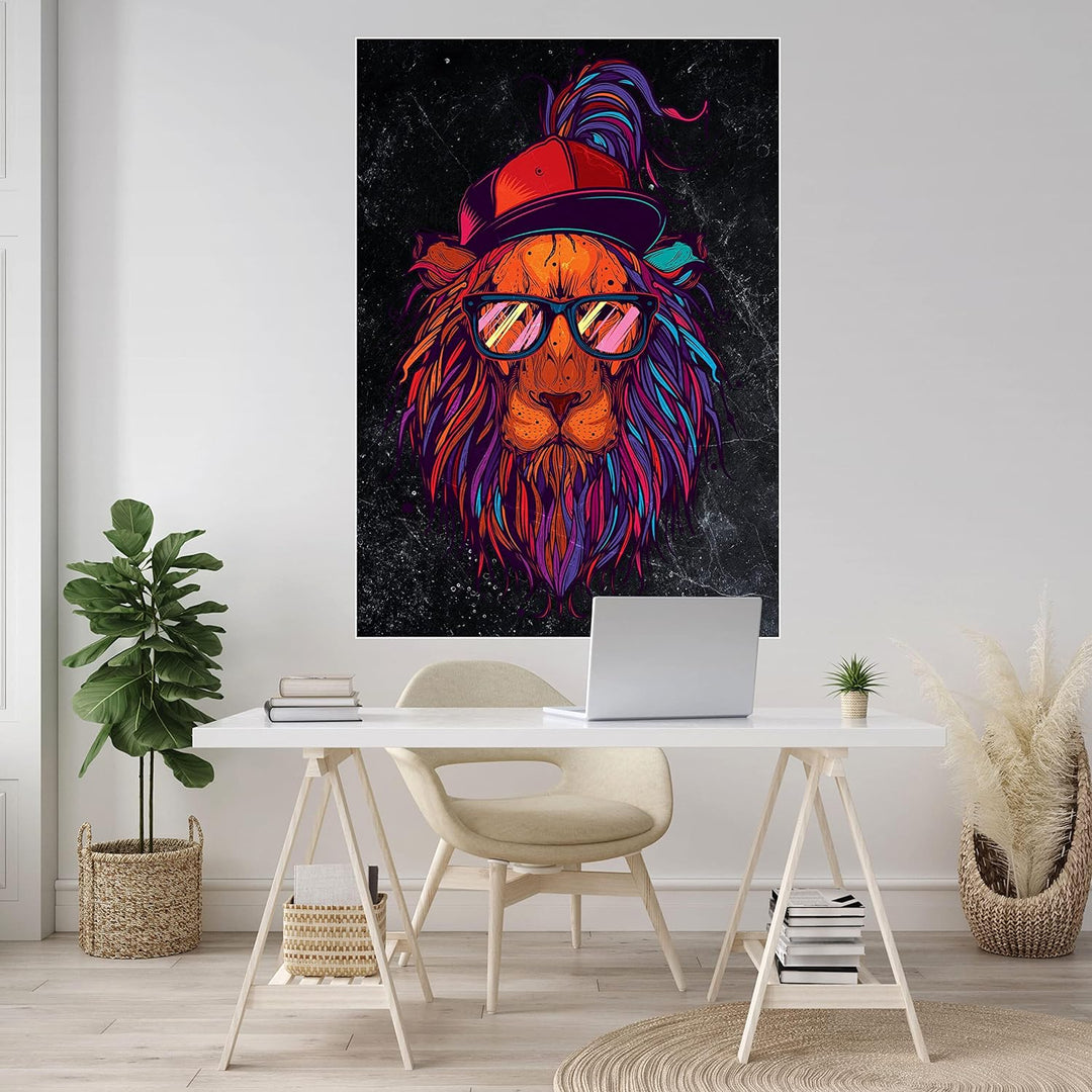 wandmotiv24 Poster als Wanddeko, Grösse Din A0, Funky Löwe, Marmor, bunt, Cap, Mütze, Brille, Nerd,
