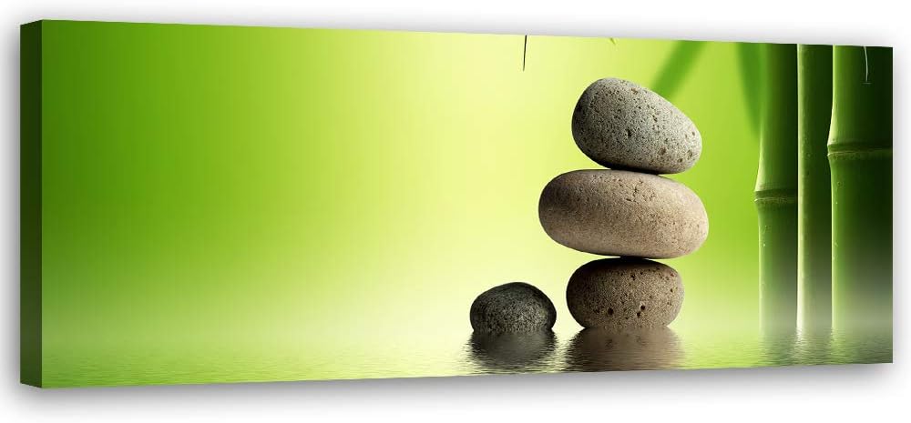 Leinwandbild XXL Zen Steine Wandbild Kunst Bambus Grün 150x50 cm Leinwandbild 150x50 cm Grün_b, Lein