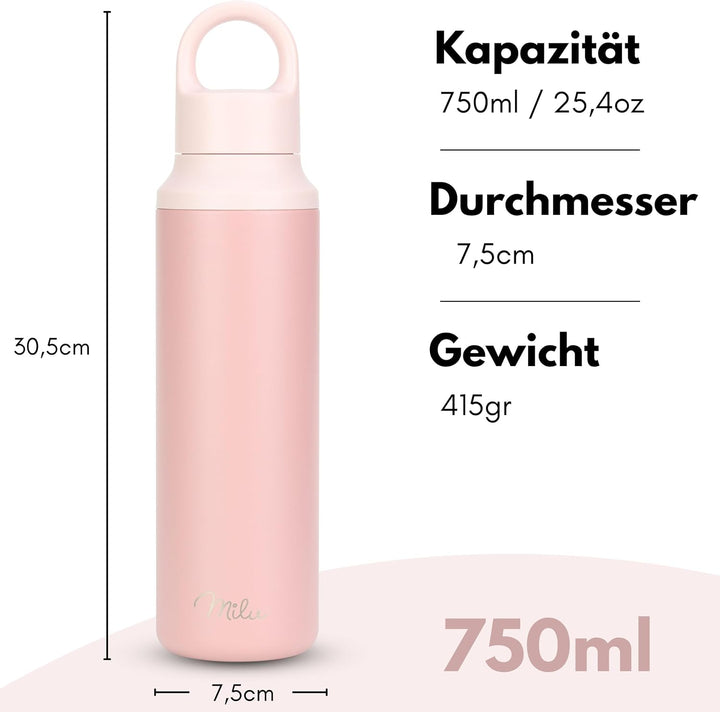 Milu Edelstahl Trinkflasche 600ml, 750ml – Thermosflasche, Isolierte Wasserflasche, Auslaufsichere I
