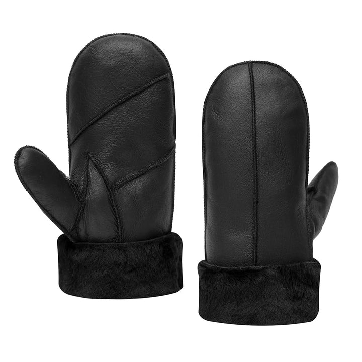 MGGMOKAY Damen Lammfell Shearling Fäustlinge Warme Winter Lederhandschuhe XS Schwarz, XS Schwarz