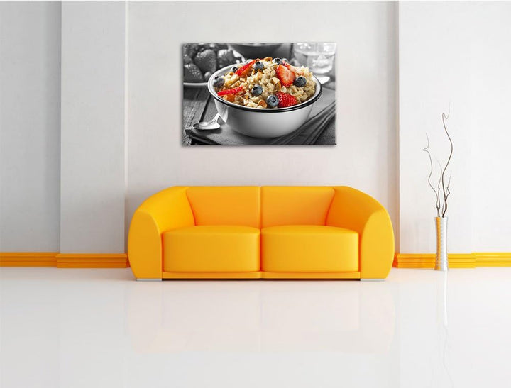 Süsses Früchte Müsli schwarz/weiss Format: 100x70 cm auf Leinwand, XXL riesige Bilder fertig gerahmt