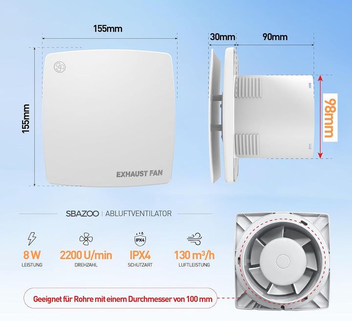 100mm Leiser Badlüfter mit Lichtschalter-Aktivierung – Weiss | 130m³/h Abluftventilator｜Wandlüfter m