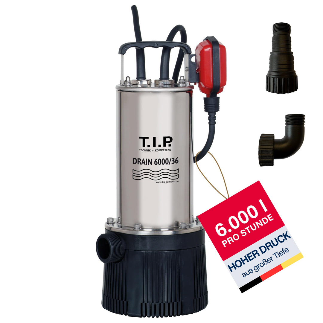 T.I.P. 30136 Tauchdruckpumpe Drain 6000/36 (950 W, max. 6.000 l/h, 34m Förderhöhe, Fremdkörper bis 2