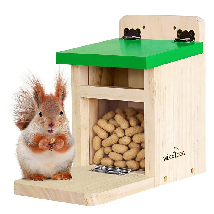 MIXXIDEA Eichhörnchen-Futterspender für den Aussenbereich, Holz, Eichhörnchen-Futterstation mit grün