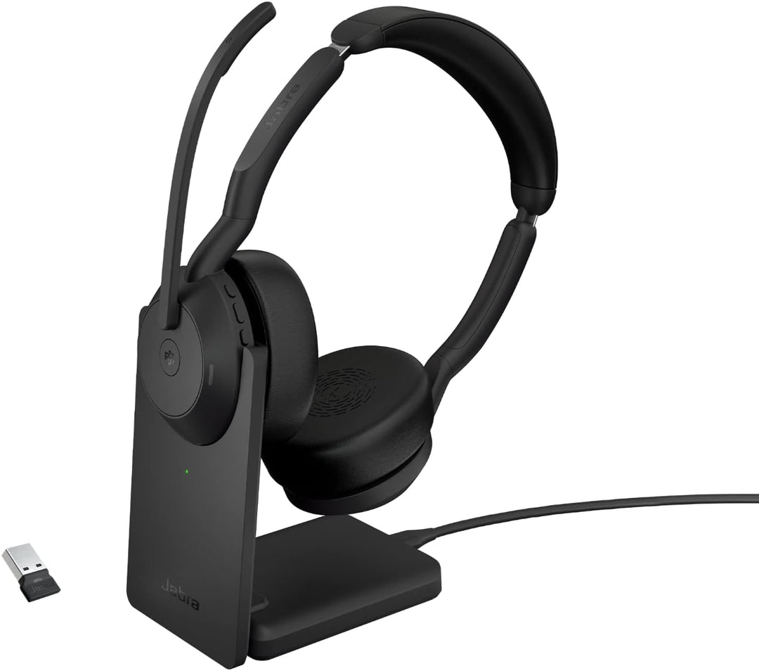 Jabra Evolve2 55 - schnurloses Stereo-Headset mit Ladestation und Jabra Air Comfort - Mikrofone mit