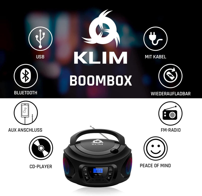KLIM Boombox Radio mit CD Player - NEU 2024 - FM-Radio, CD Player, Bluetooth, MP3, USB, AUX - Inklus